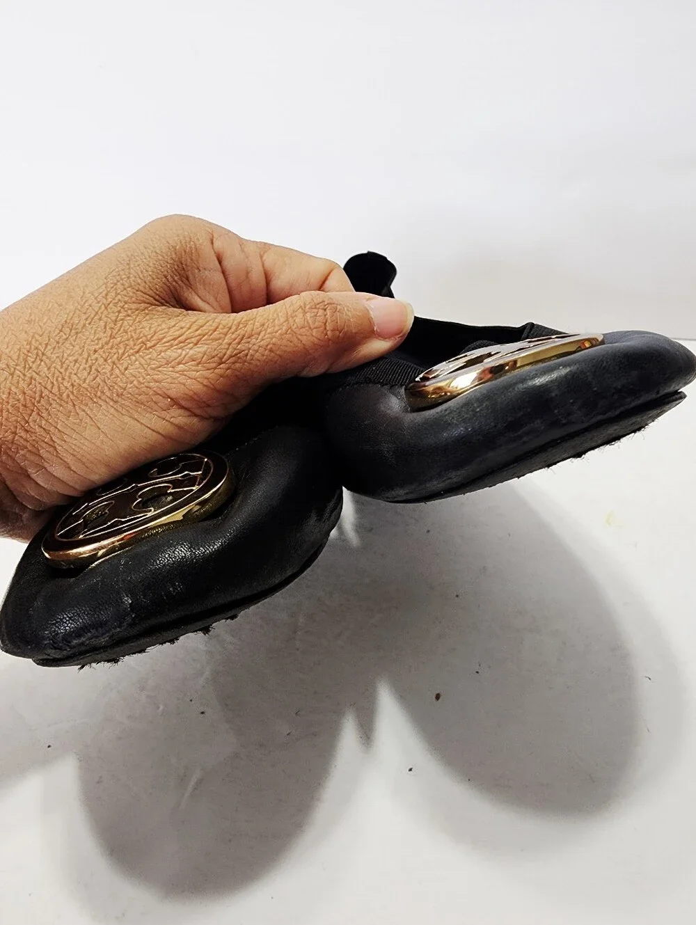 Tory Burch Black Leather Ballet Flats with Gold Logo Medallion Size 7.5